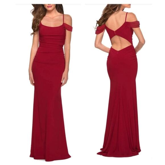 La Femme Scoop Neck Ruche Ornate Cutout Long Dress Spaghetti Strap in Red - Picture 1 of 9